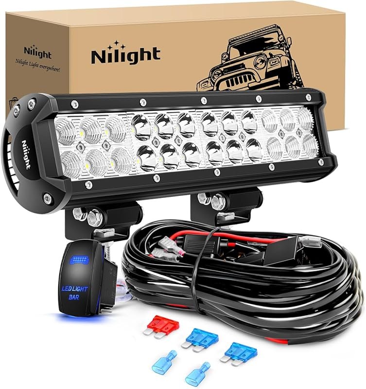 Nilight 12-Inch 72W LED Light Bar, 5-Pin Rocker Switch Wiring Harness 