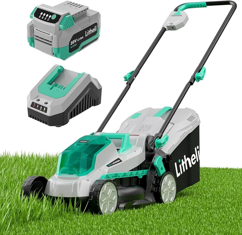 Litheli 13 Inch Cordless Electric Lawn Mower, 20V, 5 Heights, Brushles