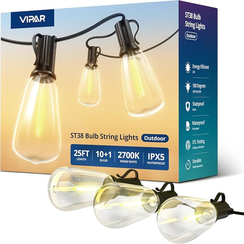 VIPAR 25FT Outdoor LED String Lights: Shatterproof Edison Bulbs, IPX5 