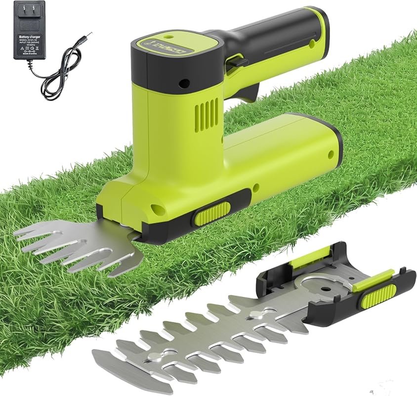 12V Cordless Hedge Trimmer & Grass Shears, 2-in-1 Handheld Electric Sh