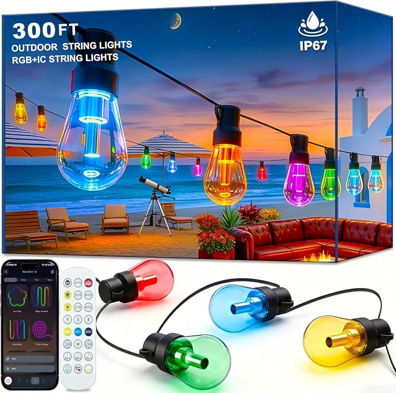 300FT RGB+IC Outdoor String Lights: Dimmable, Shatterproof LED Bulbs, 