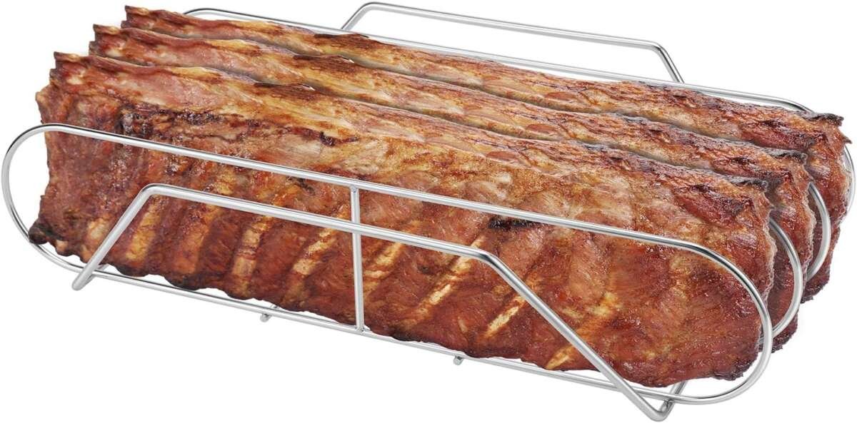 Extra Long Stainless Steel Rib Rack - Holds 3 Full Racks for Smoking a