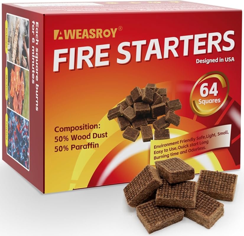 Fire Starter Squares 64 - Odorless, Water Resistant Fire Starters for BBQ, Fireplace & Camping