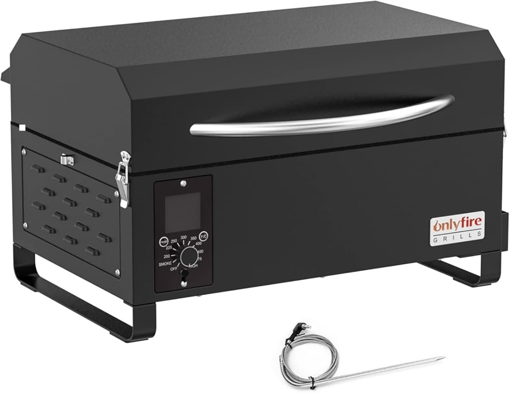 ONLYFIRE GRILLS BBQ Wood Pellet Grill Smoker with Meat Probe, Portable