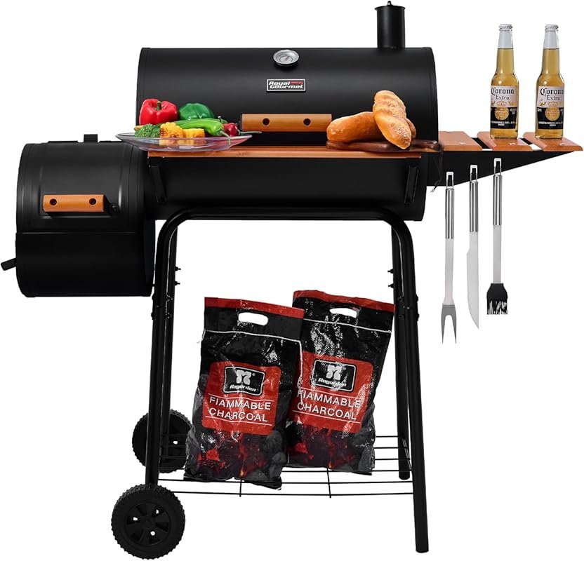 Royal Gourmet CC1624W Barrel Charcoal Grill with Offset Smoker for Outdoor Cooking